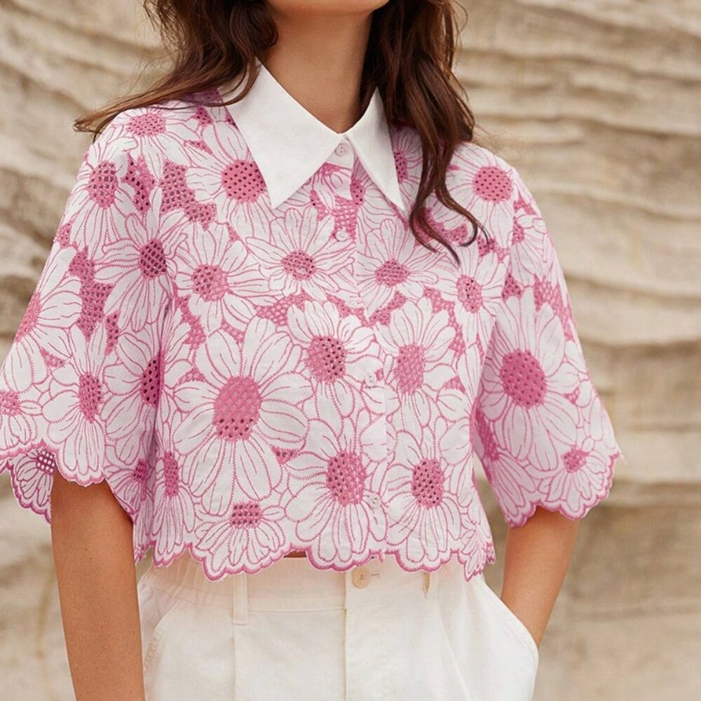 Pink Casual Women's Elegant Hollow-Out Embroidered Daisy Shirt Floral Print - Picture 6 of 6